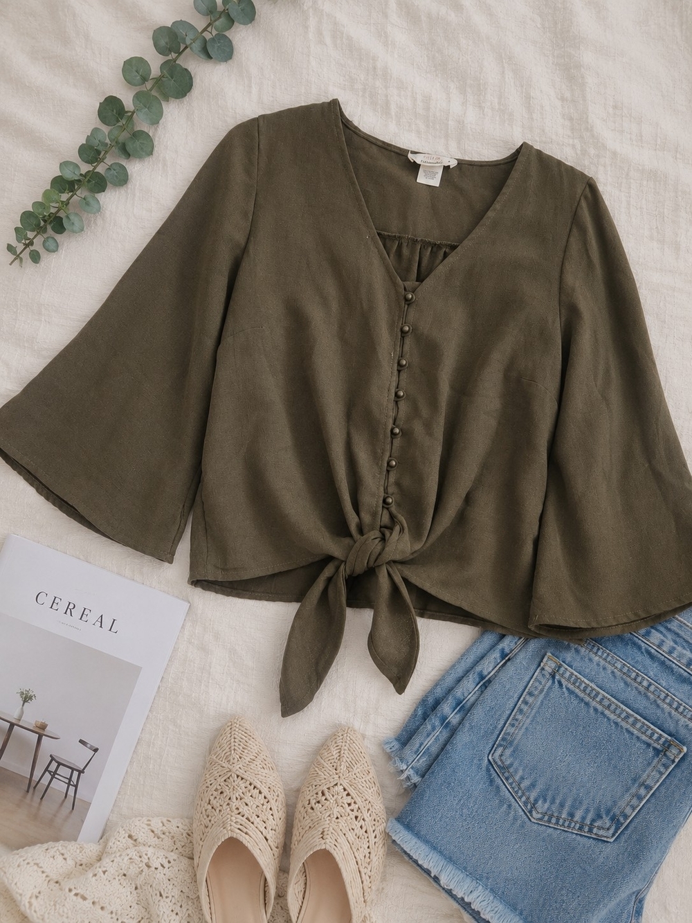URBAN Romantics Olive Button-Tie Bell Sleeve Blouse